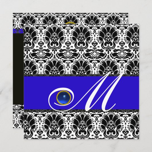 Invitation NOIR BLANC BLEU DAMAS MONOGRAMME Saphir (Devant / Derrière)