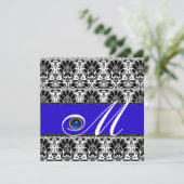 Invitation NOIR BLANC BLEU DAMAS MONOGRAMME Saphir (Debout devant)
