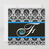 Invitation NOIR BLANC BLEU DAMAS MONOGRAMME Saphir Argent (Devant)