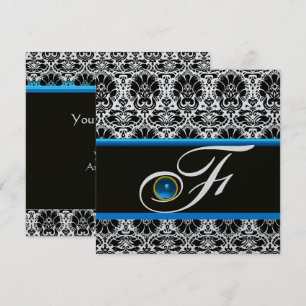 Invitation NOIR BLANC BLEU DAMAS MONOGRAMME Saphir Argent