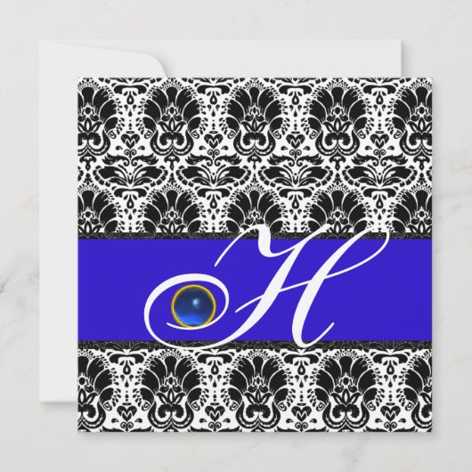 Invitation NOIR BLANC BLEU DAMAS MONOGRAMME Saphir Argent (Devant)