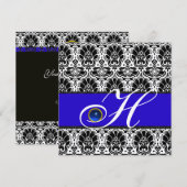 Invitation NOIR BLANC BLEU DAMAS MONOGRAMME Saphir Argent (Devant / Derrière)