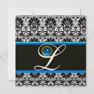 Invitation NOIR BLANC BLEU DAMAS MONOGRAMME Saphir Métallisé