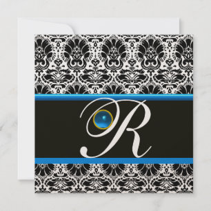 Invitation NOIR BLANC BLEU DAMAS MONOGRAMME Saphir Or
