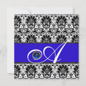 Invitation NOIR BLANC BLEU DAMAS MONOGRAMME Saphir Or (Devant)