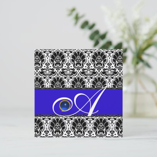 Invitation NOIR BLANC BLEU DAMAS MONOGRAMME Saphir Or (Debout devant)
