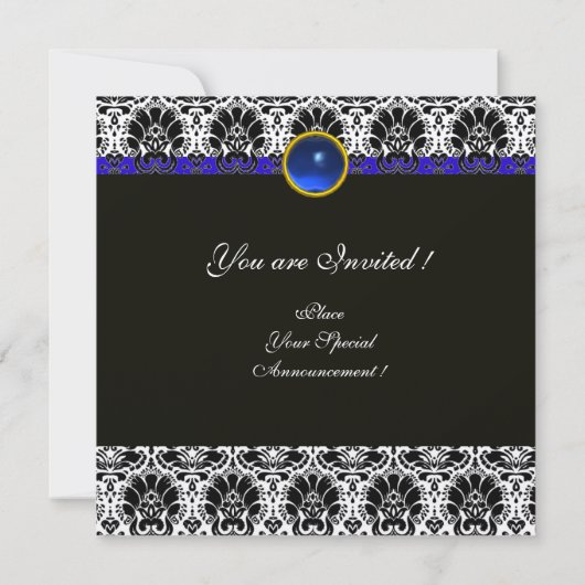 Invitation NOIR BLANC BLEU DAMAS MONOGRAMME Saphir Or (Dos)