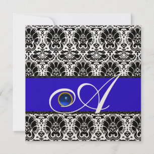 Invitation NOIR BLANC BLEU DAMAS MONOGRAMME Saphir Or