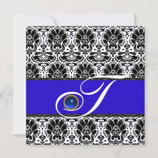 Invitation NOIR BLANC BLEU DAMASK MONOGRAM Sapphire Métal (Devant)