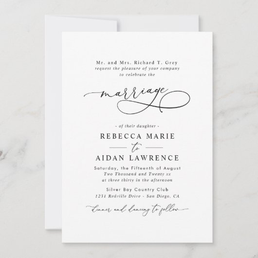 Invitation Noir Blanc Bleu Élégant Script Mariage moderne (Devant)