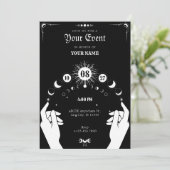 Invitation Noir blanc Boho Lune main mystique (Debout devant)