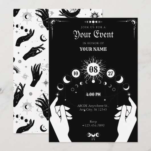 Invitation Noir blanc Boho Lune main mystique (Devant / Derrière)