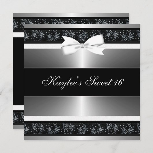 Invitation Noir Blanc Bow Sweet sixteen en argent Anniversair (Devant / Derrière)