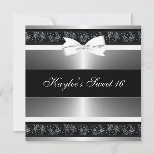 Invitation Noir Blanc Bow Sweet sixteen en argent Anniversair (Devant)