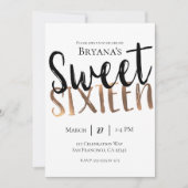 Invitation Noir Blanc Bronze Moderne Sweet 16 SEIZE Fête (Devant)