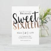 Invitation Noir Blanc Bronze Moderne Sweet 16 SEIZE Fête (Debout devant)