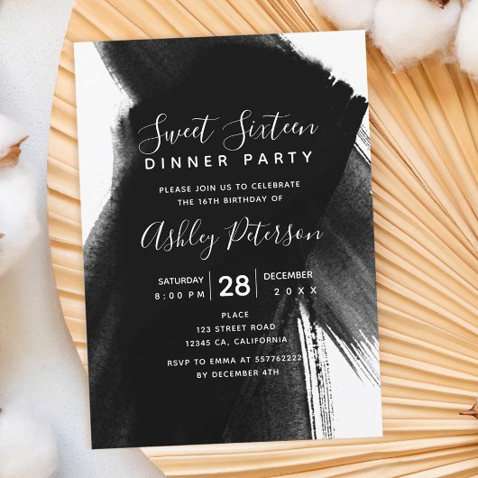 Invitation Noir blanc brosses typographie Sweet 16