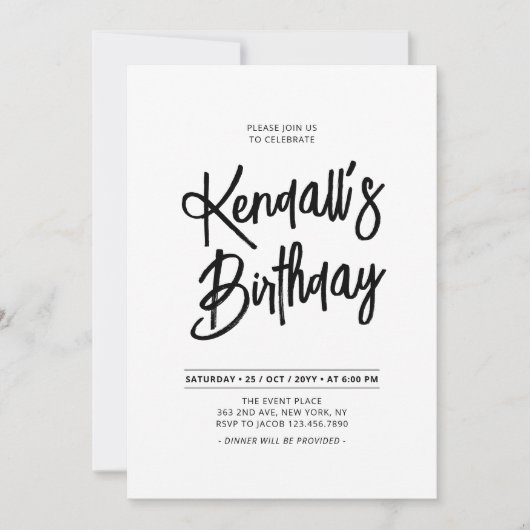 Invitation Noir & Blanc Chic Letter Script fête d'anniversair (Devant)