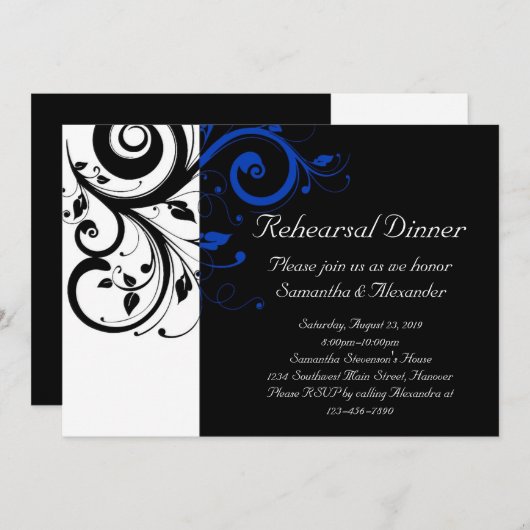 Invitation Noir/Blanc/Cobalt Bleu Gras Mariage (Devant / Derrière)