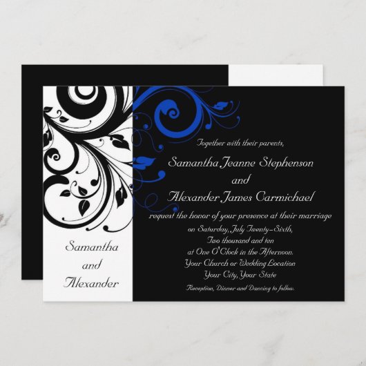 Invitation Noir/Blanc/Cobalt Bleu Gras Mariage (Devant / Derrière)