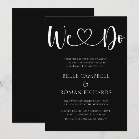 Invitation Noir & Blanc Coeur Calligraphie & Mariage Photo Da (Devant / Derrière)
