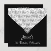 Invitation Noir Blanc Coeurs d'argent Bijou 21e anniversaire (Devant / Derrière)