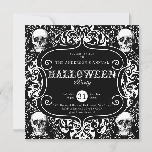 Invitation Noir Blanc Damas crâne Personnalisé Halloween Part (Devant)