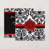 INVITATION NOIR & BLANC DAMAS, MONOGRAMME À LA CUIRE ROUGE OR (Devant / Derrière)