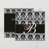 Invitation NOIR BLANC  DAMAS MONOGRAMME Rose Fuchsia Améthyst (Devant / Derrière)