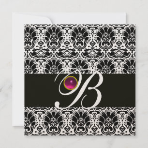 Invitation NOIR BLANC DAMAS MONOGRAMME Rose Fuchsia Améthyst