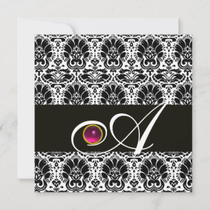 Invitation NOIR BLANC DAMAS MONOGRAMME Rose Fuchsia Améthyst