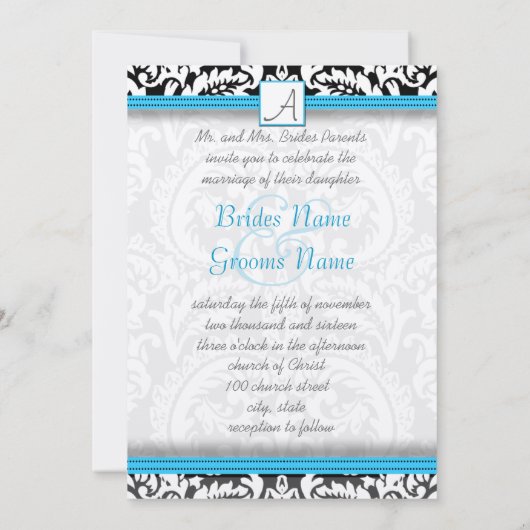 Invitation Noir & Blanc Damask Bright Aqua Trim avec points (Dos)