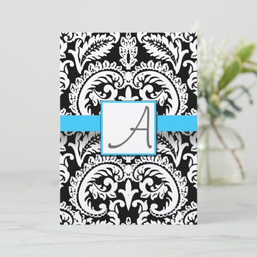 Invitation Noir & Blanc Damask Bright Aqua Trim avec points (Debout devant)