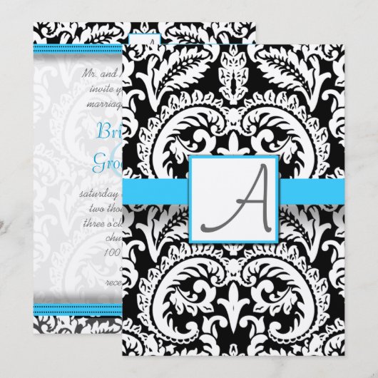 Invitation Noir & Blanc Damask Bright Aqua Trim avec points (Devant / Derrière)