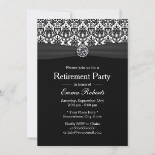 Invitation Noir & Blanc Damask Diamond Retraite Party