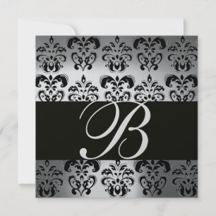 Invitation NOIR & BLANC DAMASK MONOGRAM pierre d'argent