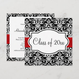 Invitation Noir/Blanc Damask Red Ribbon Carré Graduation