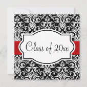 Invitation Noir/Blanc Damask Red Ribbon Carré Graduation (Devant)