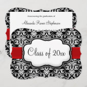 Invitation Noir/Blanc Damask Red Ribbon Graduation (Devant / Derrière)