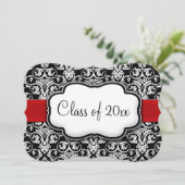 Invitation Noir/Blanc Damask Red Ribbon Graduation (Debout devant)