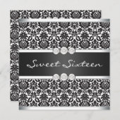 Invitation Noir blanc Damask Sweet 16 Party (Devant / Derrière)
