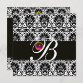 Invitation NOIR BLANC DAMASSÉ MONOGRAMME Rose Fuchsia Améthys (Devant / Derrière)