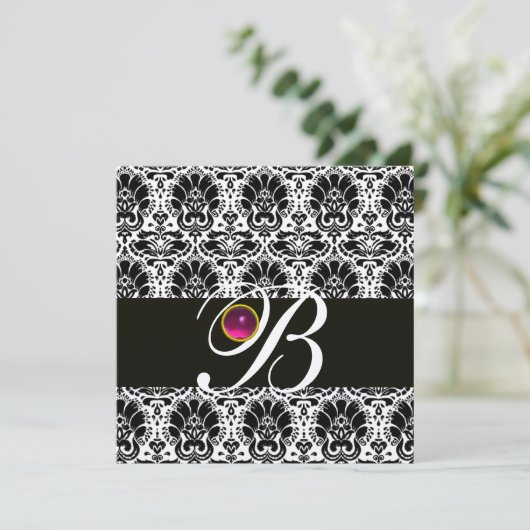 Invitation NOIR BLANC DAMASSÉ MONOGRAMME Rose Fuchsia Améthys (Debout devant)