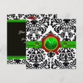 INVITATION NOIR BLANC DAMASSÉ, TRÈFLE, CIRE ROUGE À CACHETER  (Devant / Derrière)