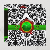 INVITATION NOIR BLANC DAMASSE, TRÈFLE, SCEAU DE CIRE ROUGE MO (Devant / Derrière)