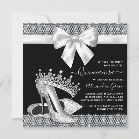 Invitation Noir Blanc Diamant Tiara Chaussure Glam Quinceaner (Devant)