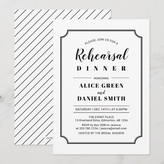 Invitation Noir & Blanc | Dîner de répétition de mariage clas (Devant / Derrière)