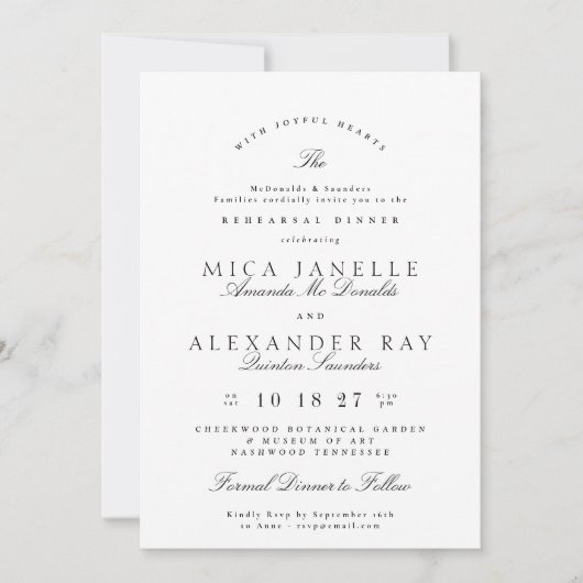 Invitation Noir Blanc Élégant Dîner De Répétition Officielle (Devant)