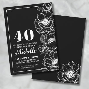 Invitation Noir Blanc Élégant Floral 40e Anniversaire