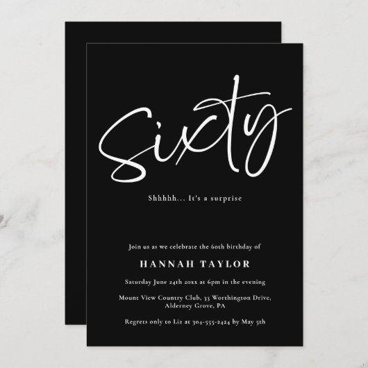 Invitation Noir Blanc Élégant Minimal 60e Anniversaire (Devant / Derrière)